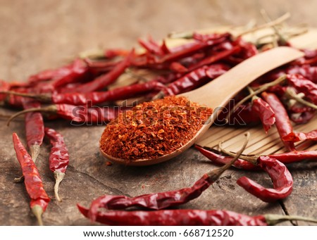 Cayenne pepper,Dried red chili on wooden table.