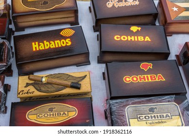 Cayo Santa Maria, Cuba, February 2016 - Display Of Various Brand Of Cigar Boxes Of Cuba