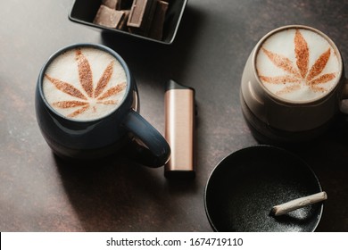 CBD Cannabis coffee with vape and joint. chill out vibes with CBD beverages, edibles and cannabis smoking. Made with indica sativa hybrid.