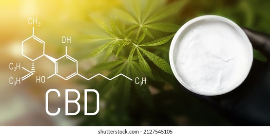 CBD Cannabis Creams For Pain. Cosmetic Cream For Skin Care From Hemp. CBD Chemical Formula. Cannabidiol Molecular Structural Chemical Formula. Natural Cosmetics