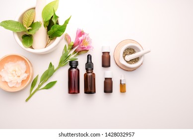 cbd and herb oil for therapy  or treatment as alternative medicine .essential  fragrance aromatherapy . natural organic herbal product for health and wellness. - Shutterstock ID 1428032957