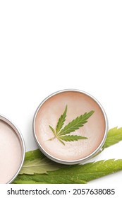 CBD Muscle Balm For Reliefing Tired, Aching Muscles And Joint Pain. Oil Hemp Balm On White With Copy Space.