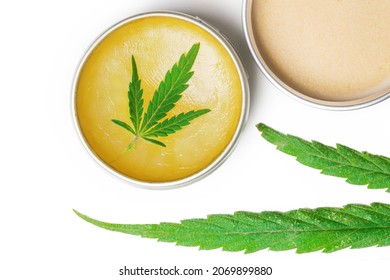 CBD Muscle Balm For Reliefing Tired, Aching Muscles And Joint Pain. Oil Hemp Balm On White.	