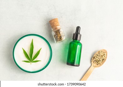 CBD Skin Cream For The Treatment Of All Types Of Topical Conditions Including Rosacea, Eczema And Inflammation. Cannabis Leaf, Tincture And Hemp Seed. CBD Skincare.