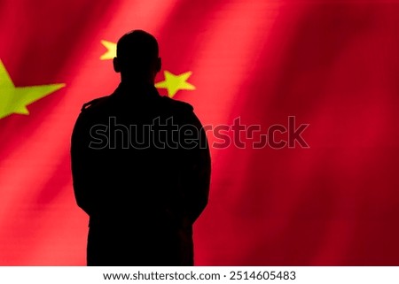 CCP government agent standing proud in front of Chinese flag, feeling pride in serving country. Chinese army personnel in war room standing isolated over China flag background