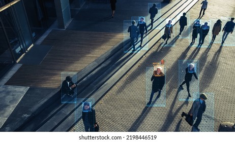CCTV AI Facial Recognition Camera Zoom in Recognizes Person. Elevated Security Camera Surveillance Footage Face Scanning of a Crowd of People Walking on Busy Urban City Streets. Big Data Analysis - Shutterstock ID 2198446519