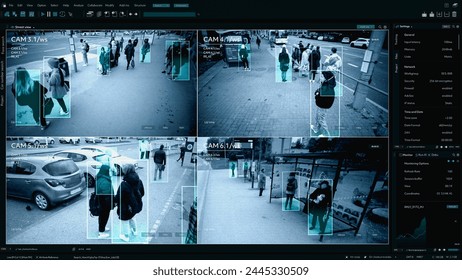 CCTV AI Facial Recognition Camera Authentificating People on Street. Security Camera Surveillance Footage Identity Scanning. Crowds of People Walking Safely on Big City Streets. Big Data AI Analytics - Powered by Shutterstock