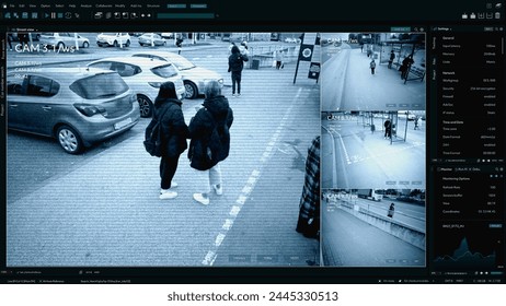 CCTV AI Facial Recognition Camera Authentificating People on Street. Security Camera Surveillance Footage Identity Scanning Crowds of People Walking Safely on Big City Streets. Big Data AI Analysis