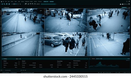 CCTV AI Facial Recognition Camera Authentificating People on Street. Security Camera Surveillance Footage Identity Scanning. Crowds of People Walking Safely on Big City Streets. Big Data AI Analysis - Powered by Shutterstock