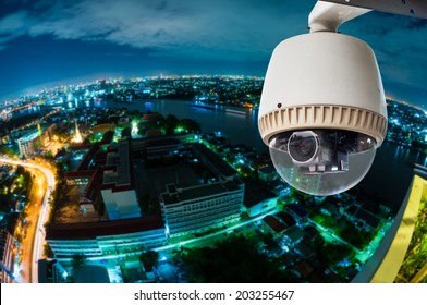 CCTV With Blur City In Background Fish Eye Perspective