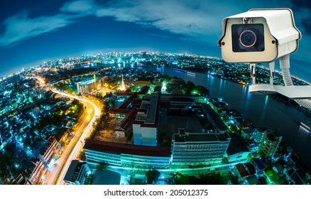 CCTV With Blur City In Background Fish Eye Perspective