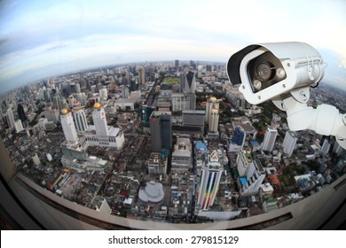 CCTV With Blur City In Background Fish Eye Perspective 