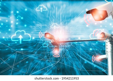 CCtv Camera Check And Surveillance In Smart City,digital Network Technology Concept,internet Of Things,cloud And Big Data Connection,blurred Background,control By Artificial Intelligence Or AI System