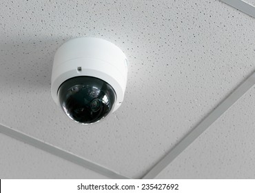 CCTV camera installed on the white ceiling