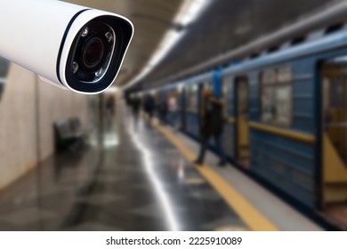 CCTV Camera security operating on subway station platform.underground railways station.