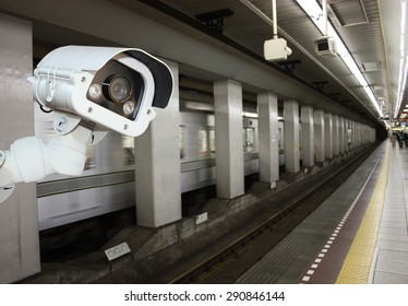 CCTV Camera security operating on subway station platform.underground railways station.
