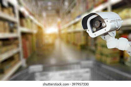 CCTV Camera System Security In Shopping Mall Supermarket Blur Background.
