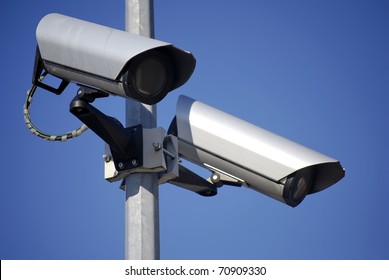 CCTV cameras against a blue sky