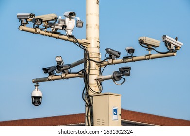 CCTV Cameras On Lantern Pole In The Capitol City Of China Bejing. Concept Of Security, Surveillance, Being Watched