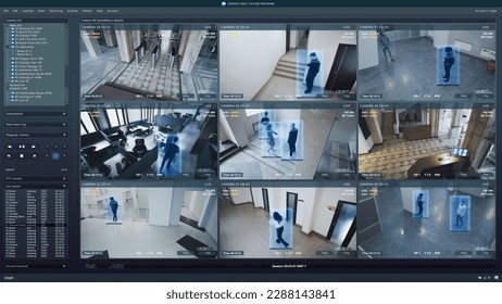 CCTV cameras playback on computer screen. People walk in coworking office. Interface of AI program with scanning and recognition people. Security cameras. Surveillance and observation digital system.