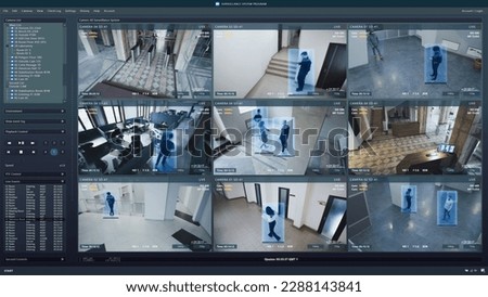 CCTV cameras playback on computer screen. People walk in coworking office. Interface of AI program with scanning and recognition people. Security cameras. Surveillance and observation digital system.