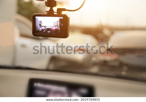 CCTV Car camera video recording the traffic\
ahead for safety and road\
accident
