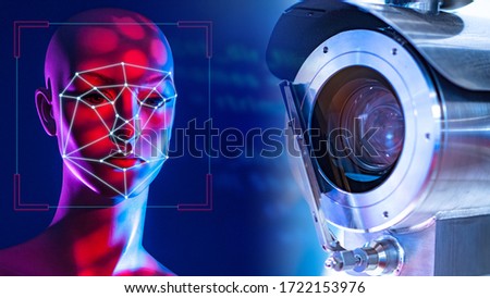 CCTV. Face recognition system. Concept camera with human identification function. Face recognition systems. Concept - big brother. Lines on the face of a man. CCTV camera on a dark background