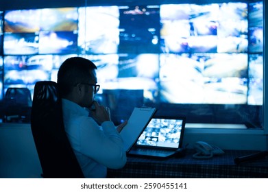 CCTV officer sitting and checking reports on clipboard. with the background of multiple monitors - Powered by Shutterstock - Get 15% off with code: PIKWIZARD15