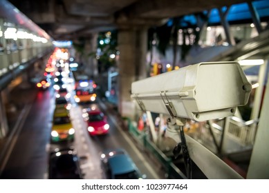 CCTV On The Road To Monitor The Car Traffic. Accidents And Theft Surveillance Camera On City Streets.