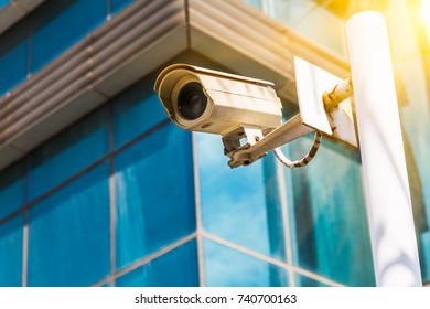 CCTV Security Camera Against Cityscape Background In Shanghai,China.