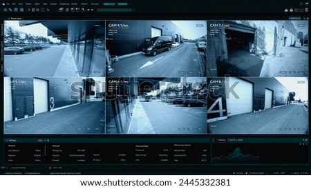CCTV Security Camera Outside Logistics Retailer Warehouse with Cars Parked and Delivery Truck Driving. Storehouse Delivery: Online Orders, Purchases, E-Commerce Goods, Retailer Products, Goods