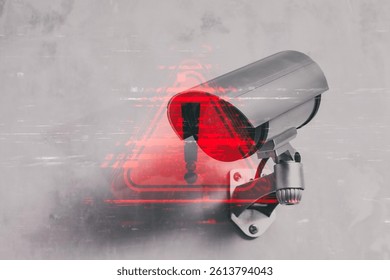 CCTV Security camera with a red warning sign overlay is mounted on a gray concrete wall, blending surveillance with a sense of alert. Concept for security and technology