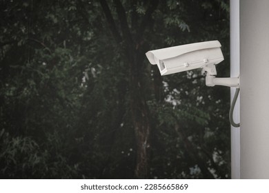 CCTV surveillance security camera install on the wall inside park with green tree background.