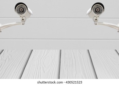CCTV system security on cement wall with wooden floor .