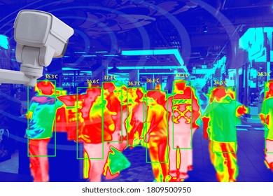 CCTV Or Thermogram Camera Scan System Hi-technology To Check Body Temperature Before Access To  Service For Against Epidemic Flu Covid19 Or Corona Virus As Show In Green Block Normal Concept