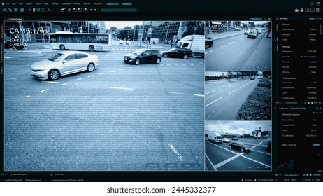 CCTV Traffic Speeding Security Camera. Road Safety Supervision Technology in the Middle of Busy Urban City Area with Intense Car Driving. Software Interface of Monitoring Speed Limit and Road Safety