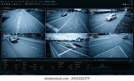 CCTV Traffic Speeding Security Camera. Road Safety Supervision Technology in the Middle of Busy Urban City Area with Intense Car Driving. Software Interface of Monitoring Speed Limit, Road Safety