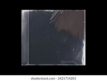 CD case on black background. Isolated transparent disk mockup. Clean cover box template.