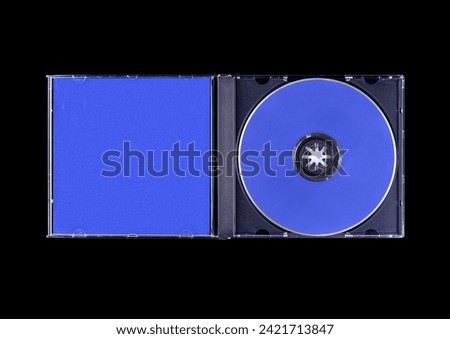 CD case on black background. Isolated transparent disk mockup. Clean cover box template.
