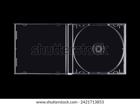 CD case on black background. Isolated transparent disk mockup. Clean cover box template.