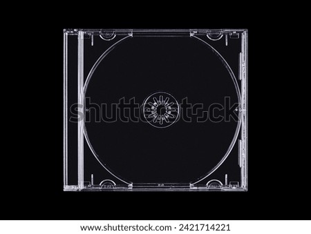 CD case on black background. Isolated transparent disk mockup. Clean cover box template.