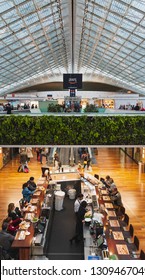 CDG Paris Airport - 12/22/18: Terminal 2F Food Court, Huge Skylight Mesh With Live Vegetation, Vertical Garden And A Bar. People Travelling With Suitcases