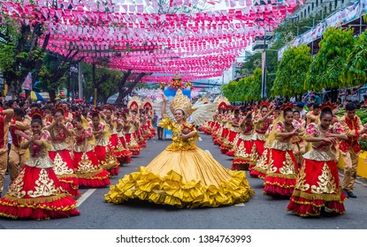 CEBU CITY , PHILIPPINES - JAN 20 : Participants in the Sinulog festival in Cebu city Philippines on January 20 2019. The Sinulog is an annual religious celebrations in the Philippines. 