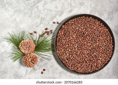 Cedar or pine nuts in a bowl with cones on gray background and a branch of a cedar tree with green needles, top view