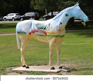 CEDARHURST, NEW YORK -  AUGUST 6, 2015: Horse Sculpture With Mural In Memory Of Mets Win 1986 World Series In Long Island