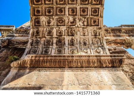 The ceiling of the arch gate adrian. Adrian Gate, Antalya landmark, Turkey. Antique ancient construction of marble and limestone.