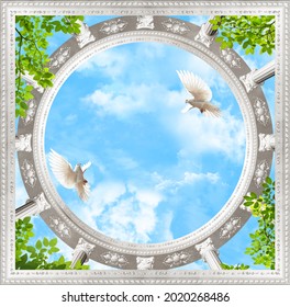 Ceiling with birds in the blue sky