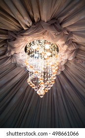 Ceiling Drape With Sparkling Chandelier Near The Center Area. Professionally Done For Any Venue Of Any Occasion And Special Event Such As Wedding, Debut, Birthday, Thanksgiving, Music Event And More.