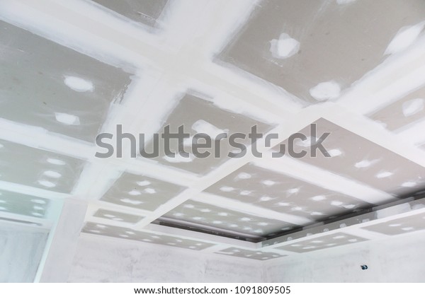 Ceiling Gypsum Board Installation Construction Site Stock Photo