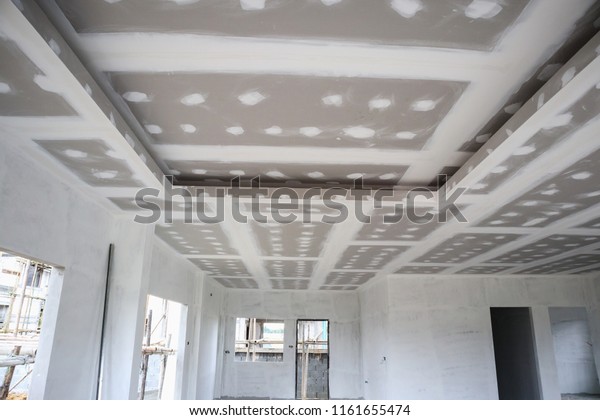 Ceiling Gypsum Board Installation Construction Site Stock